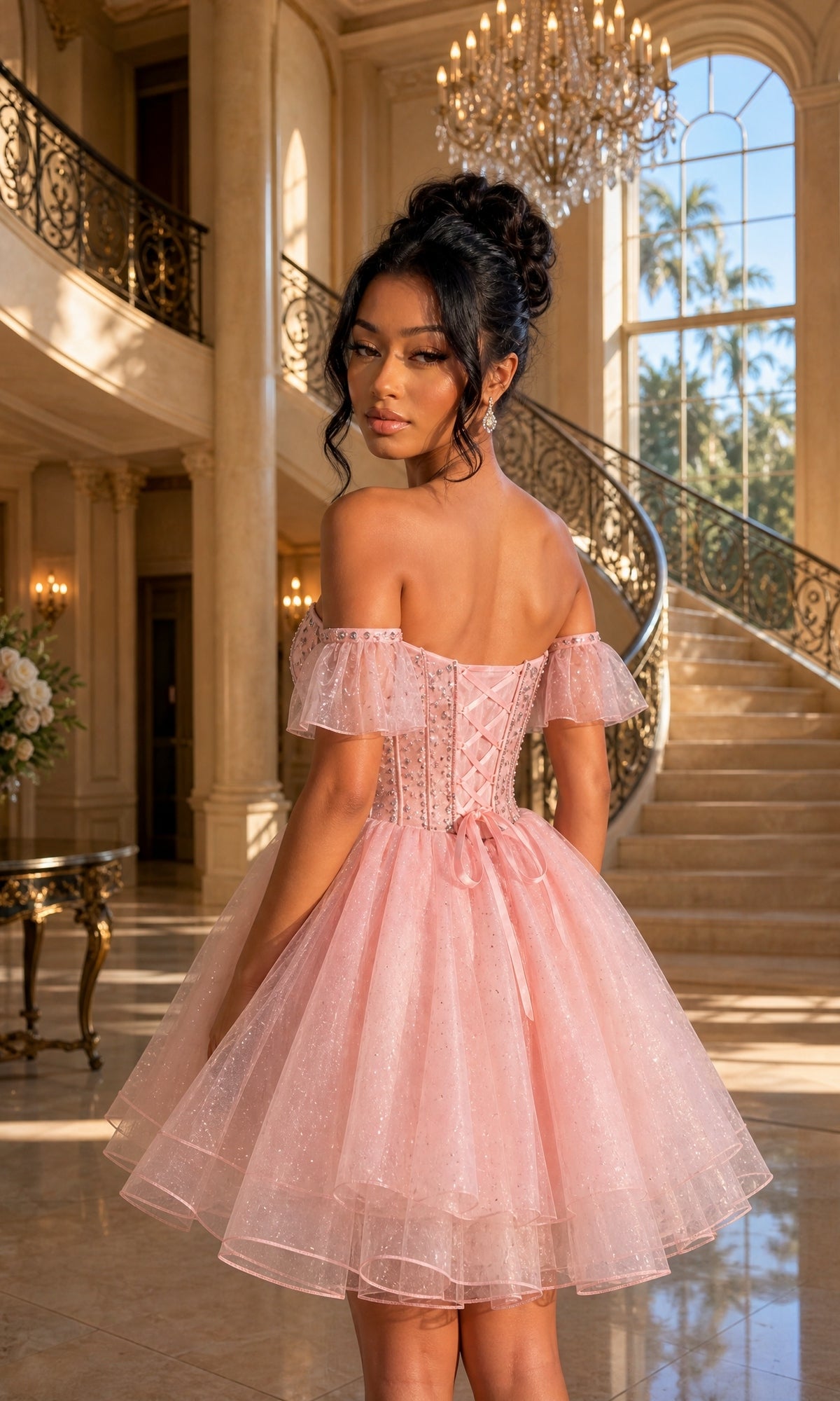A woman stands in a grand hall with marble floors, a sweeping staircase, large windows, and a chandelier, wearing the Dancing Queen 3437 short homecoming dress—a pink, off-the-shoulder babydoll style featuring a corset bodice.